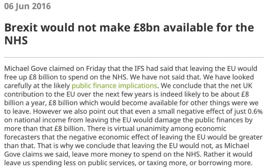 Brexit would not make £8bn available for the NHS | @TheIFS