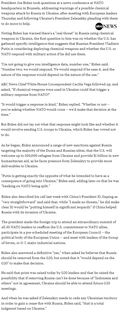 World286 US, NATO 'would respond' if Putin used chemical weapons in Ukraine, Biden says @ABC