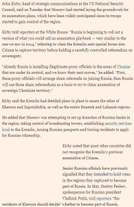 World366 White House warns Russia planning to annex parts of southern Ukraine @kiranstacey,@FT